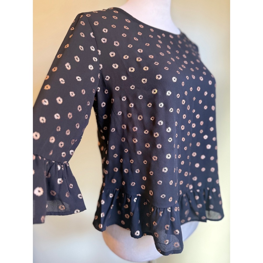 W5 Black Ruffle Anthropologie Peplum Top Gold Dot Shirt S boho whimsi Fairy Y2K